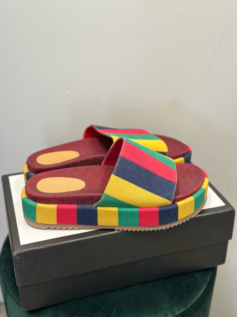 Gucci | Multicolor Striped Canvas Slides in Red, Yellow, Green, Navy - Picture 2 of 6